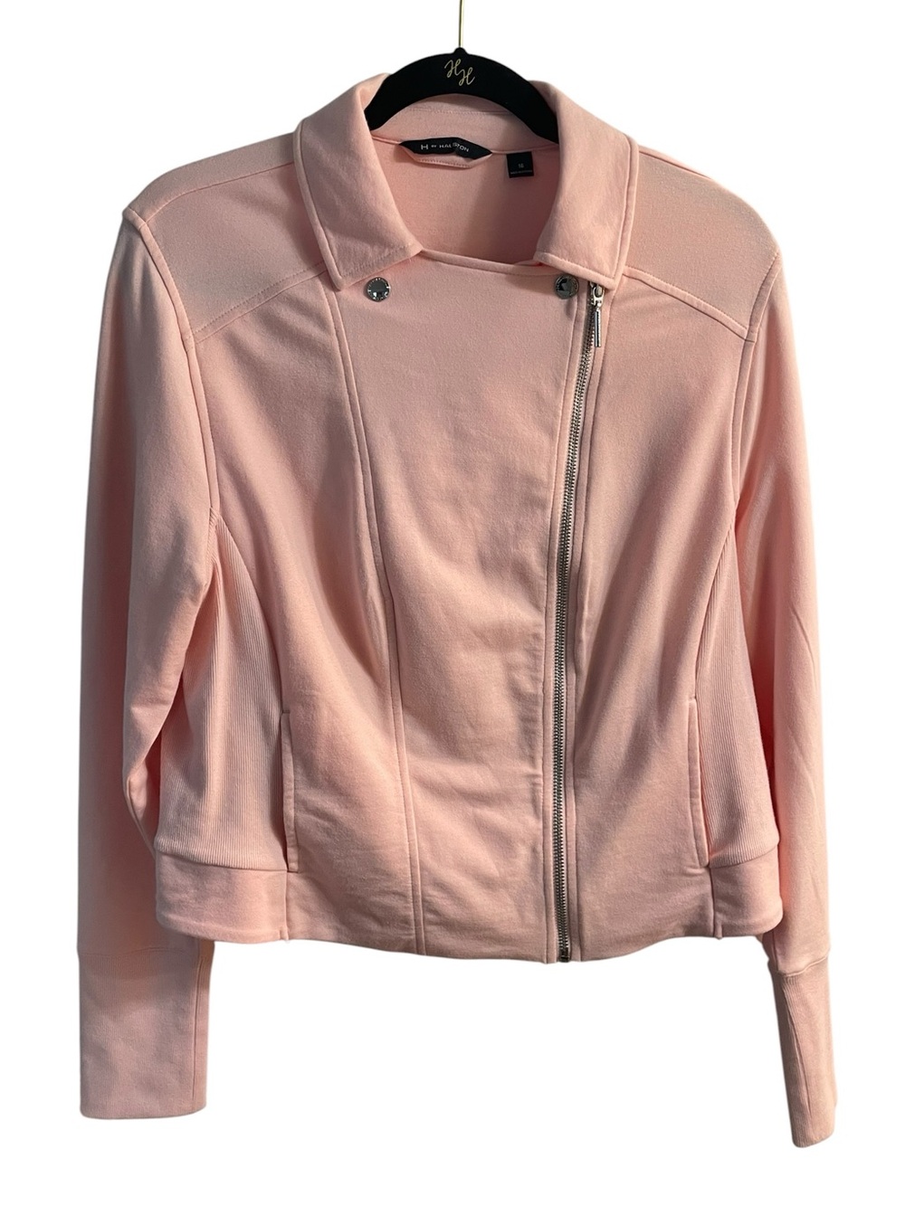 H by Halston Pink Moto Jacket Size 16 Asymmetrical Zip Stretch Cotton Blend